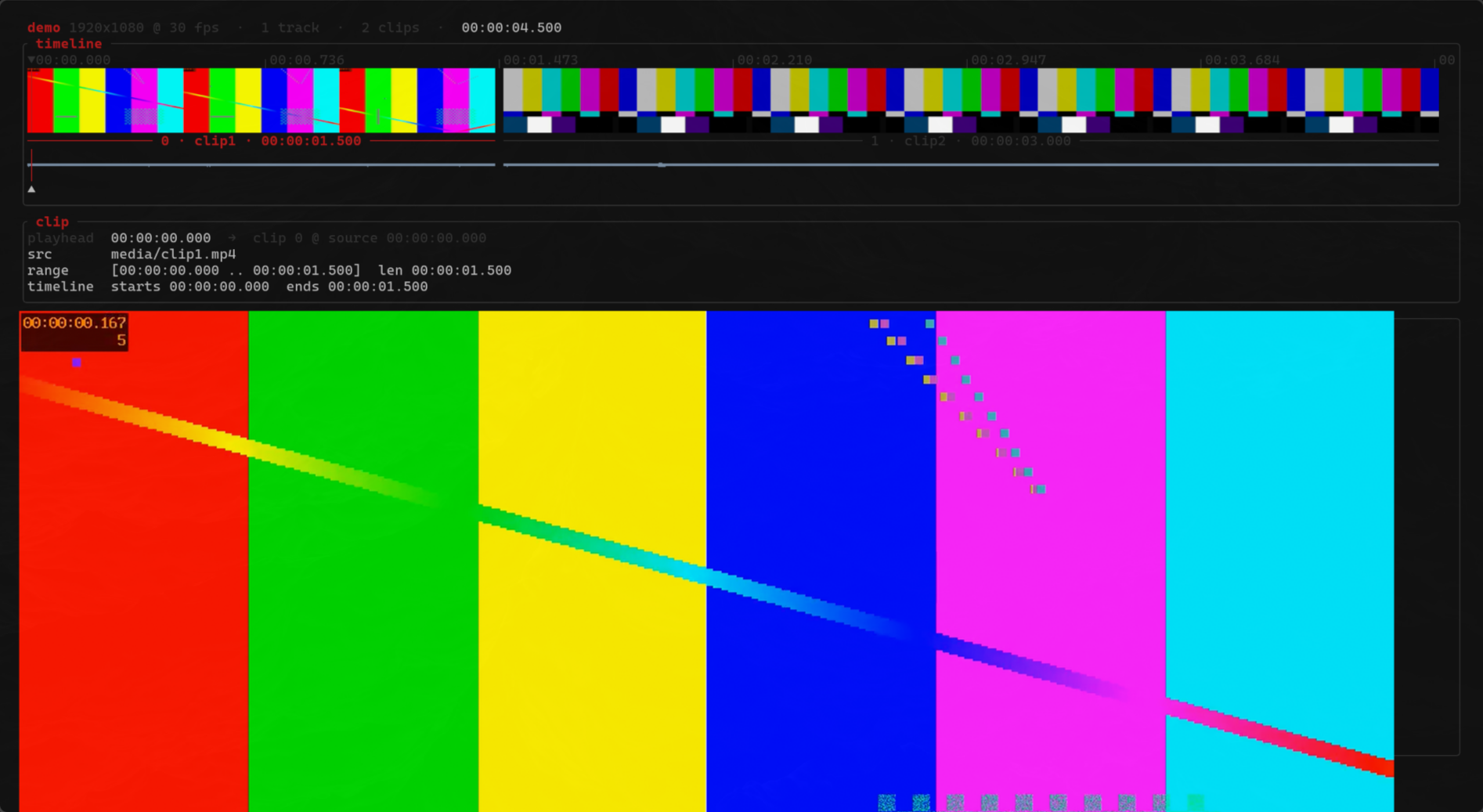 Viode's terminal timeline with filmstrips and waveforms